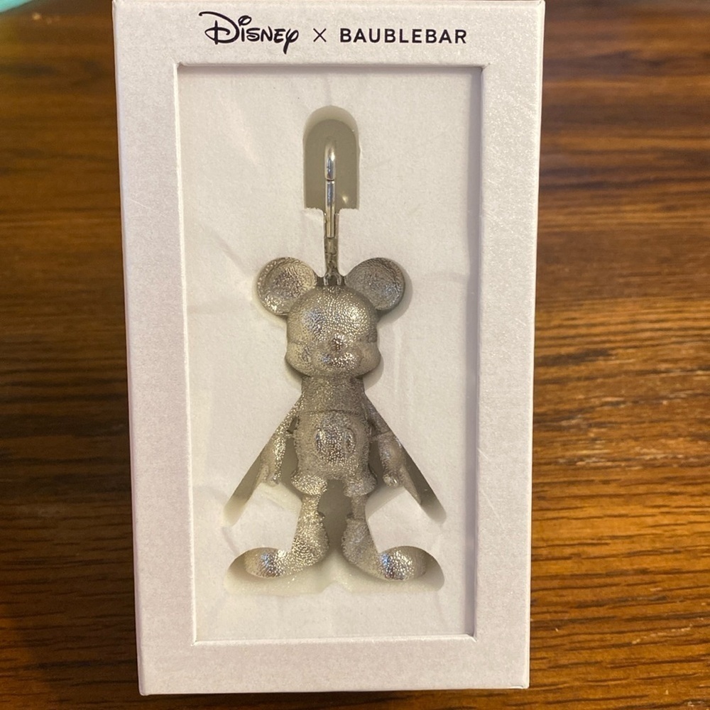 Disney BaubleBar Mickey Mouse Bag Charm Metallic Silver Sparkly Keychain NIB